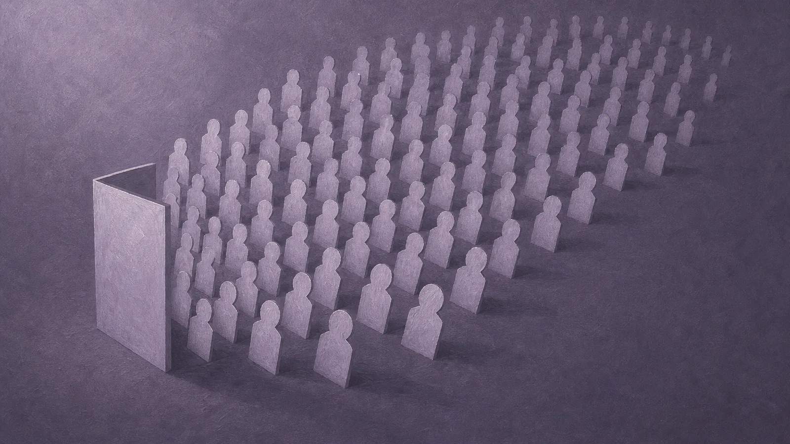 A fan of small blank paper character cut-outs spreading from one folded paper slab, on a dusty-violet surface
