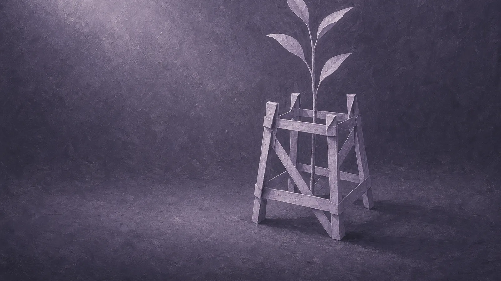 A small paper scaffold of folded struts steadying a slender paper sapling on a dusty-violet surface