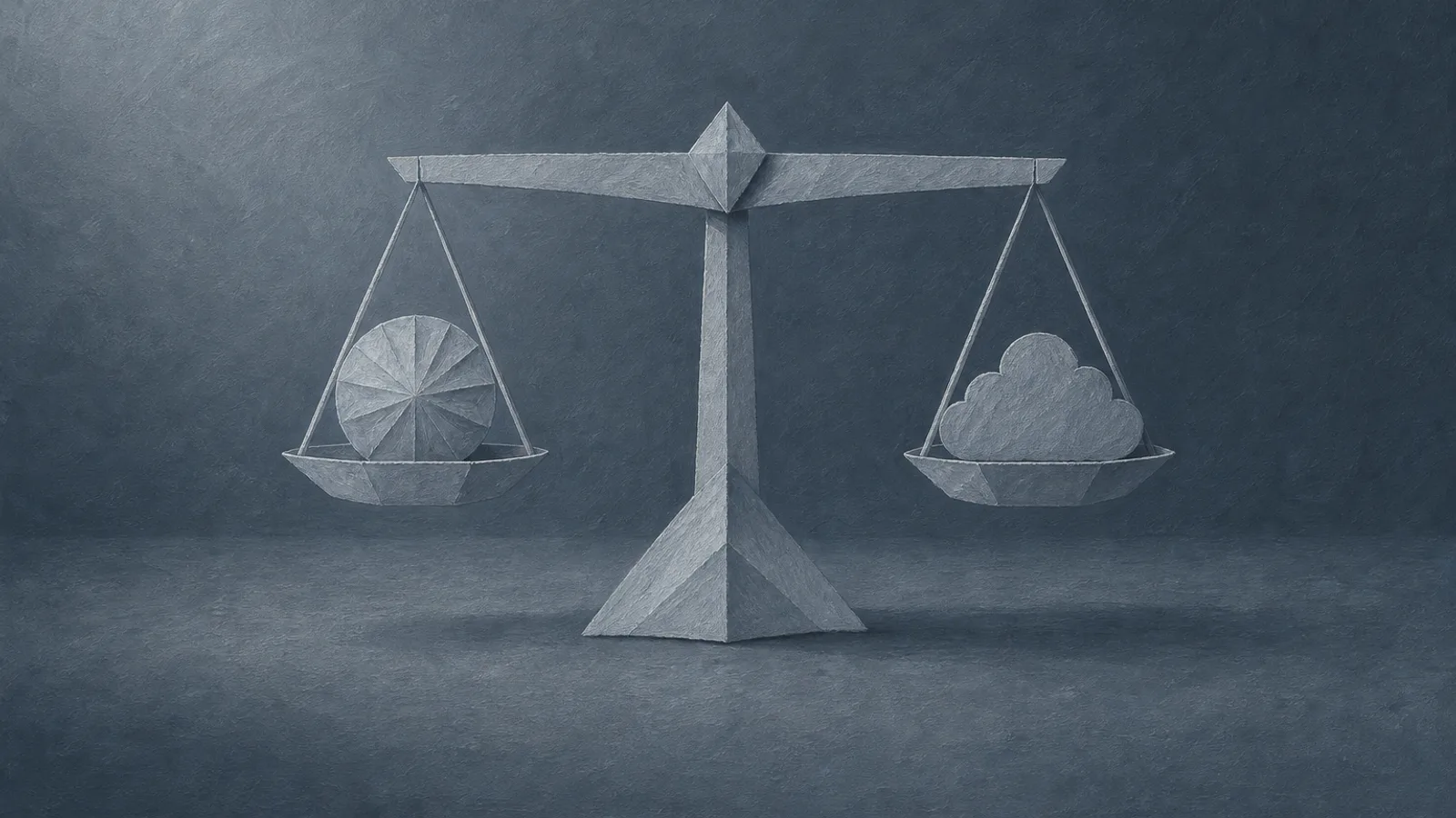 A paper balance scale weighing a small sun against a small storm cloud on slate-blue paper