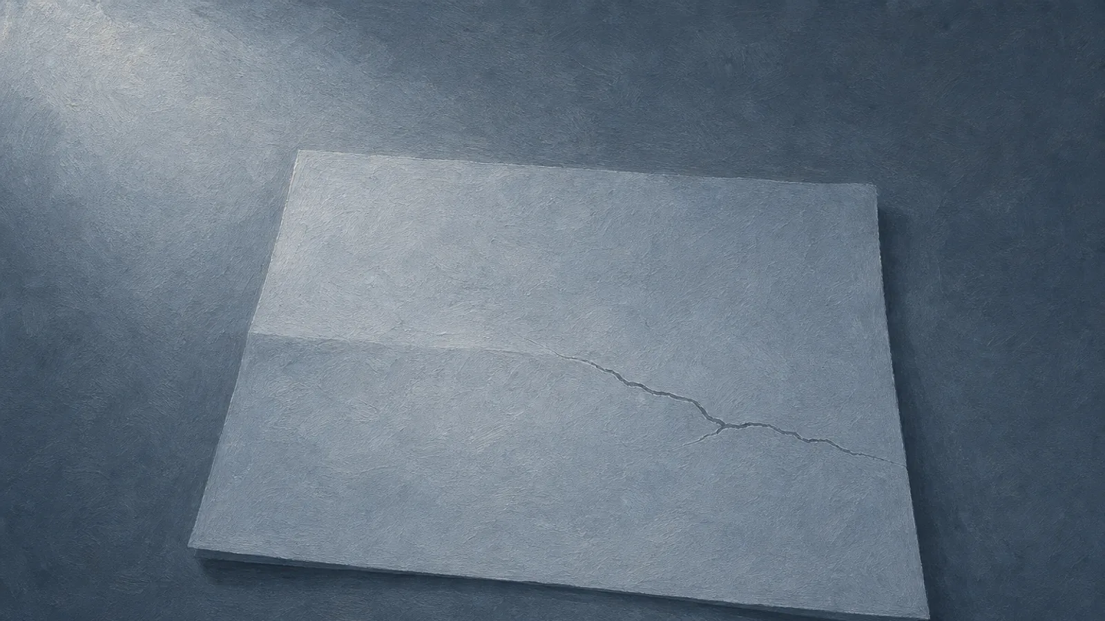 A hairline paper crack running across a smooth slate-blue surface