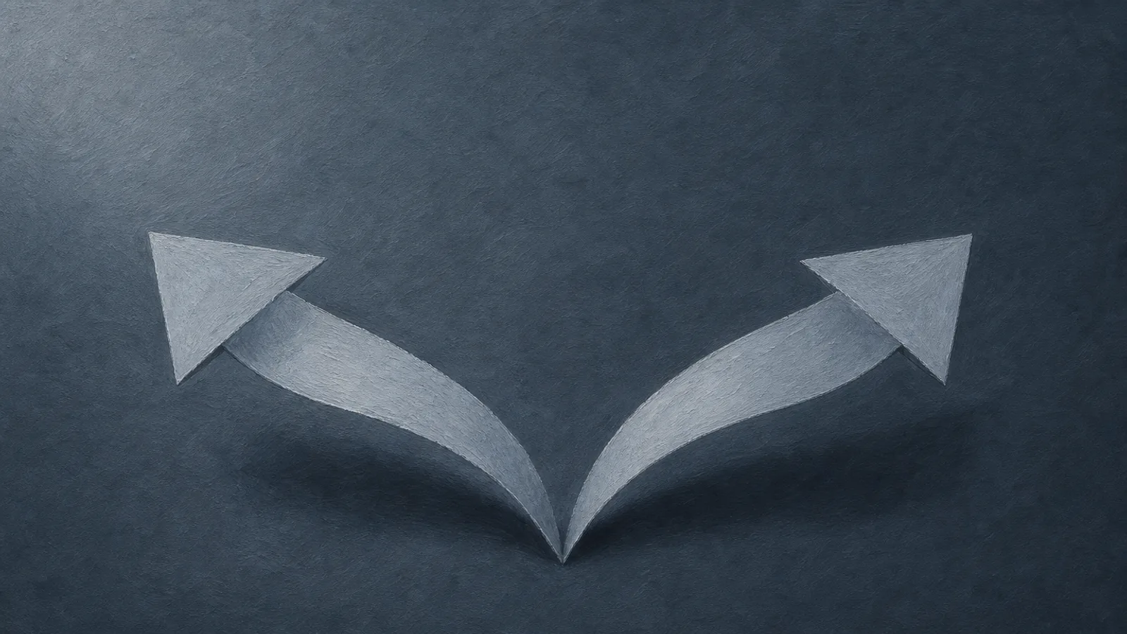 Two paper arrows curving in opposite directions on a slate-blue backdrop