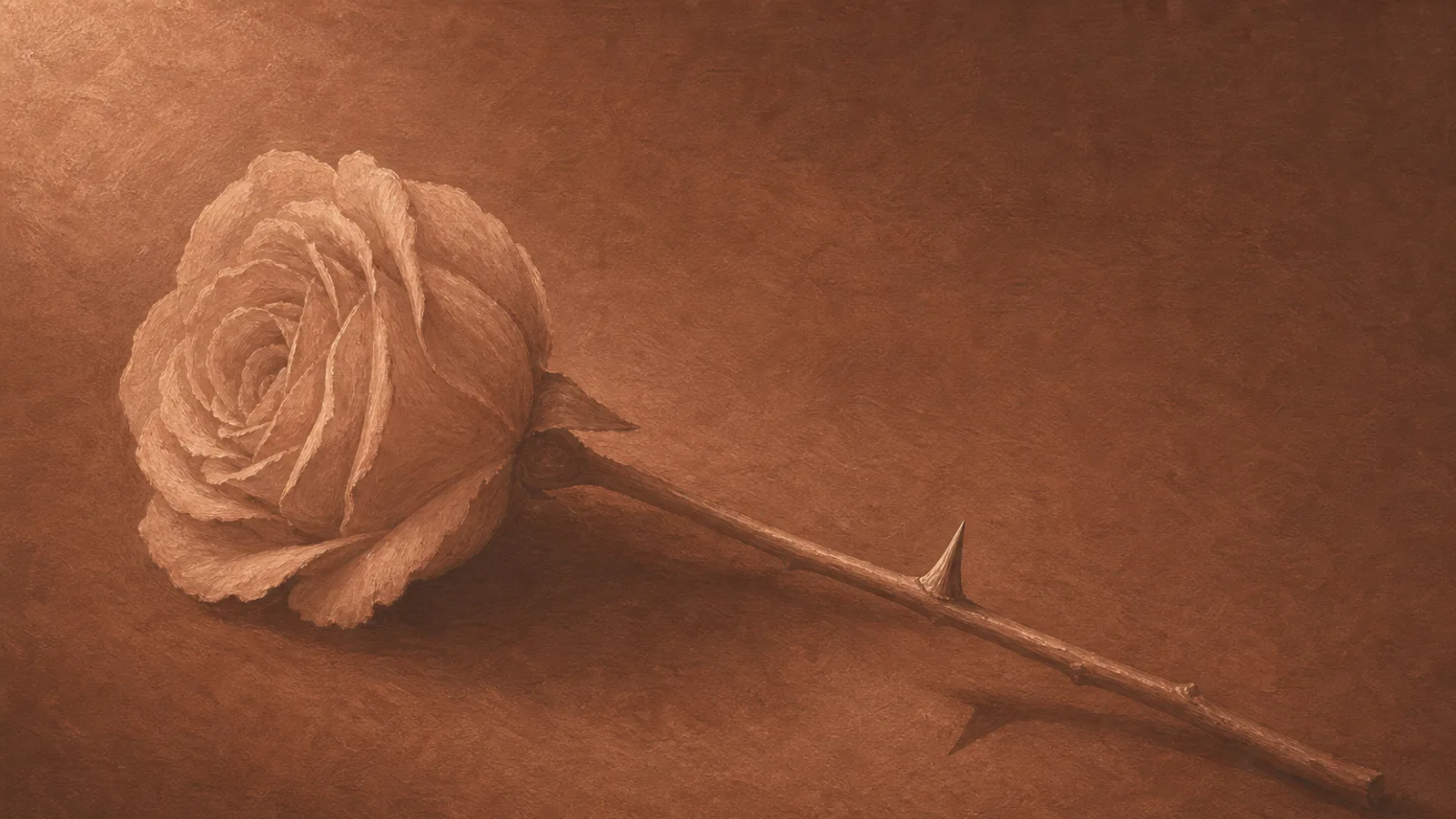 A single rose on cream paper with a bare thorn visible at the stem