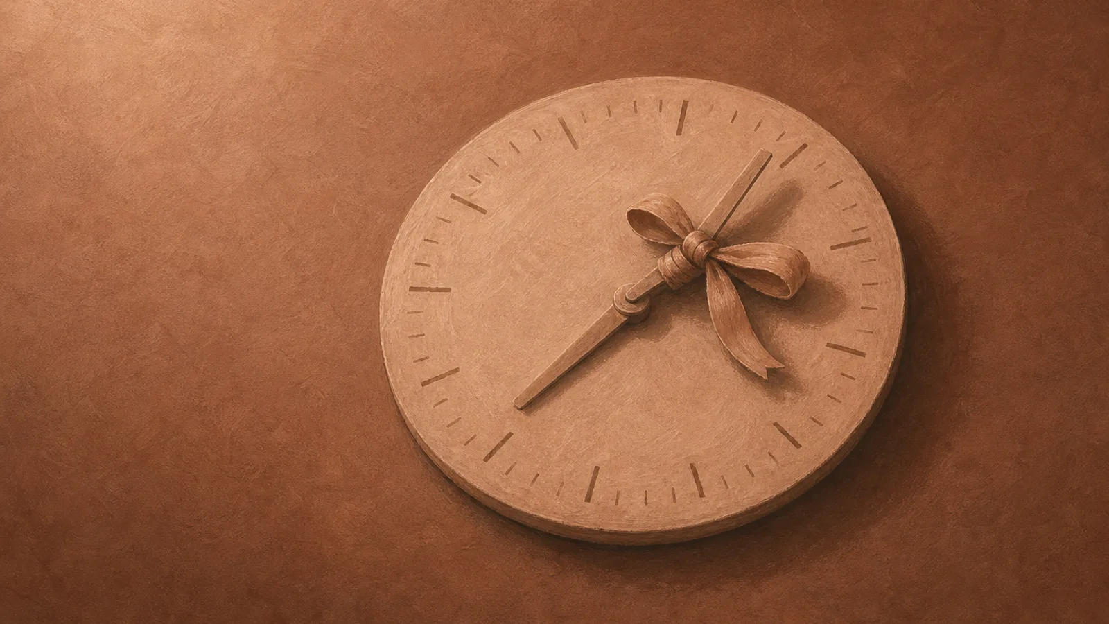 A single hand-tied ribbon knotted around a clock's minute hand on cream paper