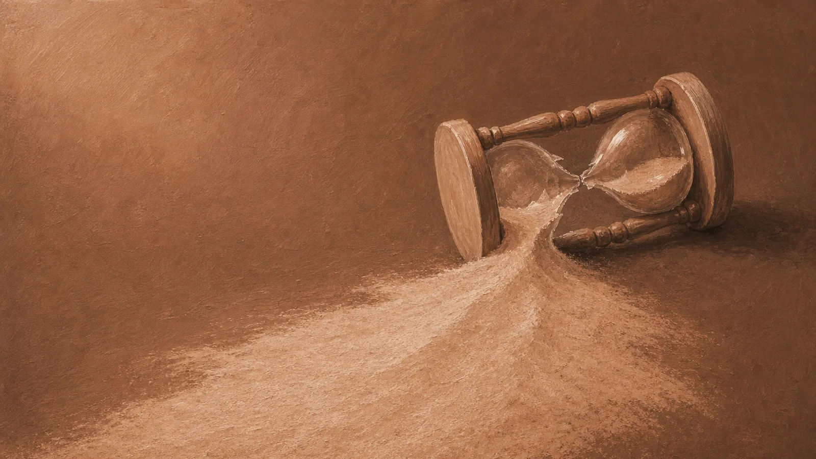 A single hourglass tipped onto its side, sand spilling too quickly across cream paper