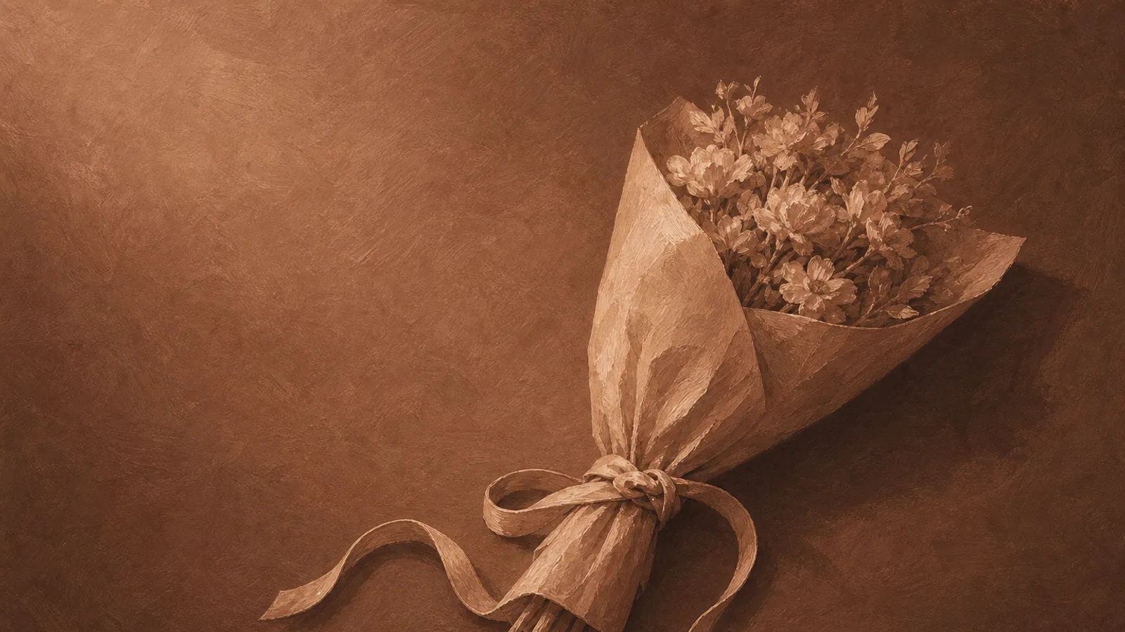 A tightly-wrapped bouquet whose ribbon has begun to twist into a knot, on cream paper