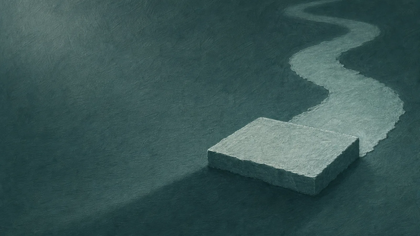 A single folded paper stepping-stone set ahead of a winding paper path on a deep-teal surface, casting a long shadow