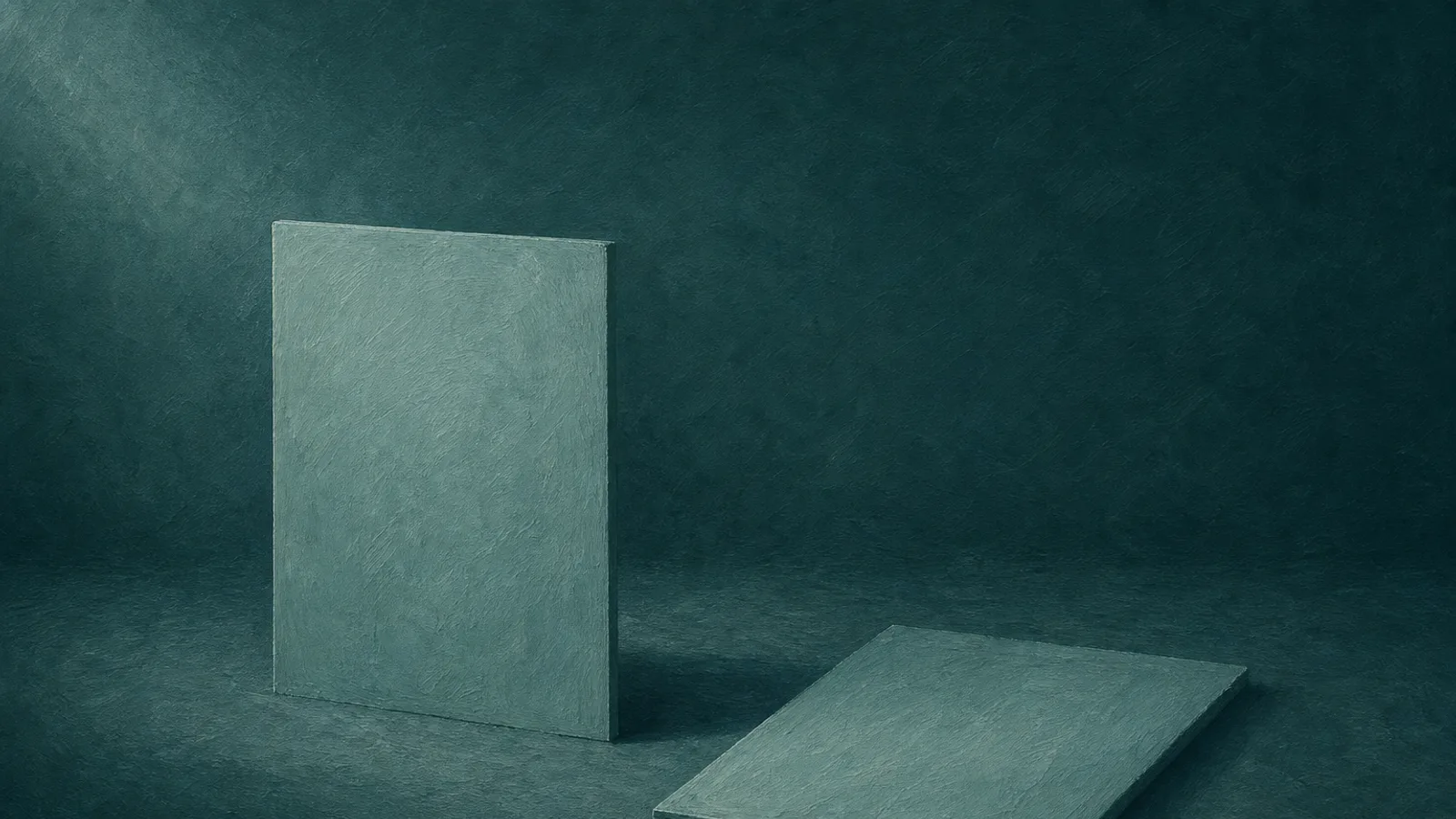 Two folded paper panels side by side on a deep-teal surface, one upright and one still lying flat