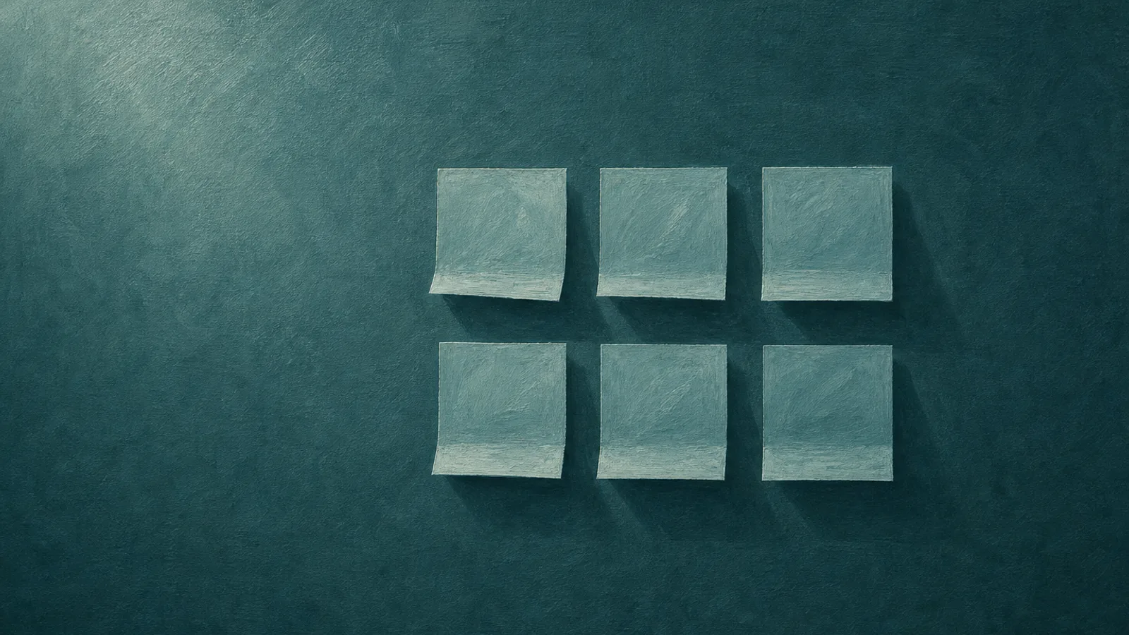 Six small folded paper tiles arranged in a grid on a deep-teal surface, each casting a soft shadow