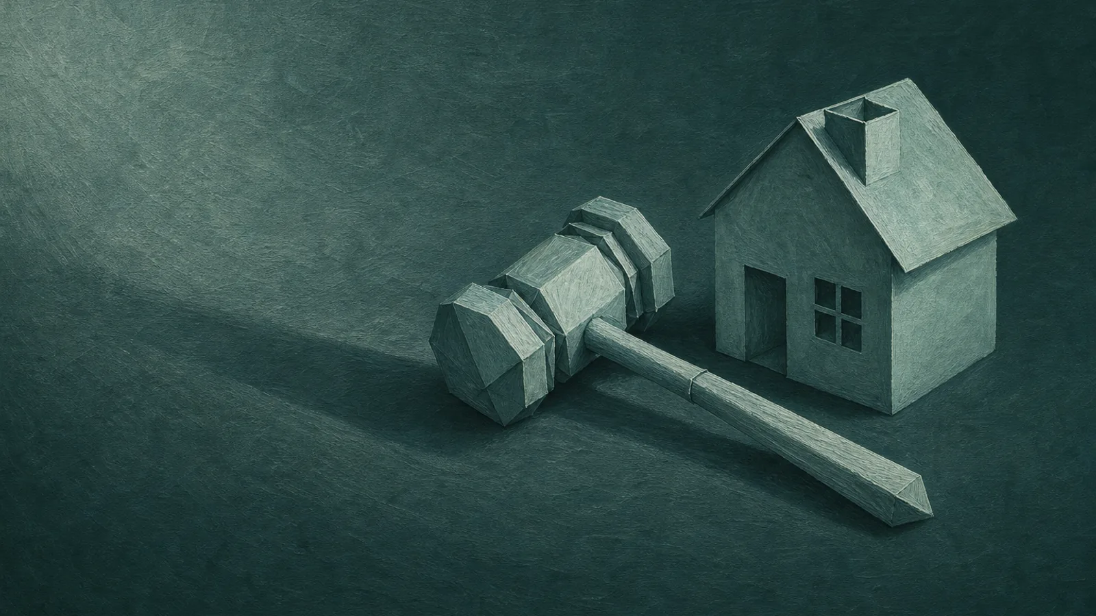 A folded paper gavel resting beside a small folded paper house on a deep-teal surface, sharing one long shadow