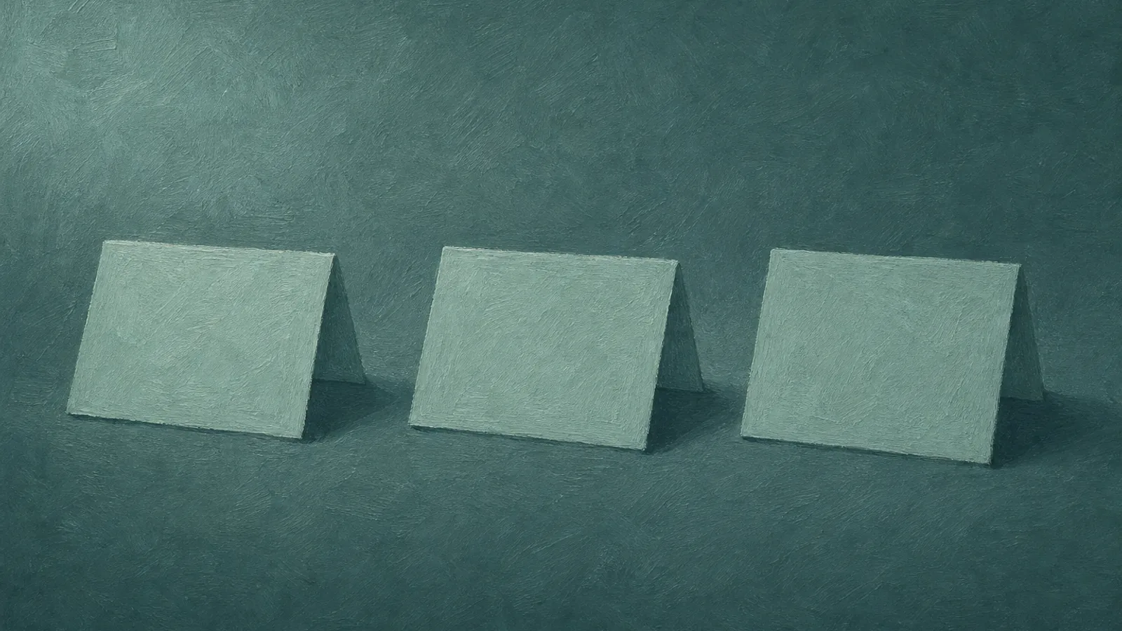 Three folded paper cards laid out in a row on a deep-teal surface, each casting a soft shadow