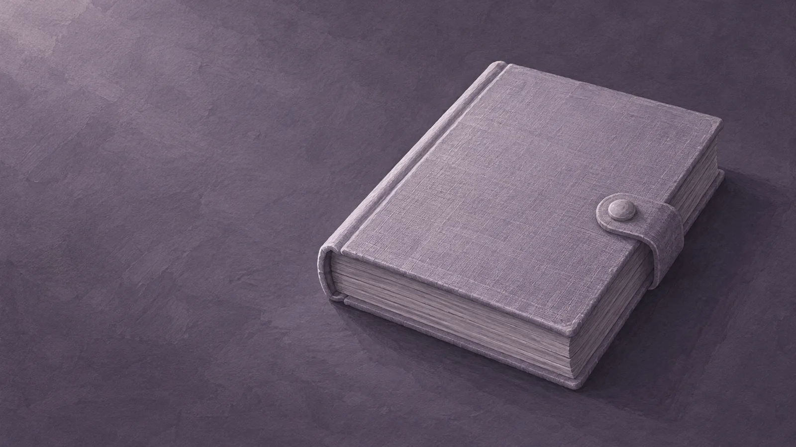 A light violet closed book with a clasp against a dark violet painted background