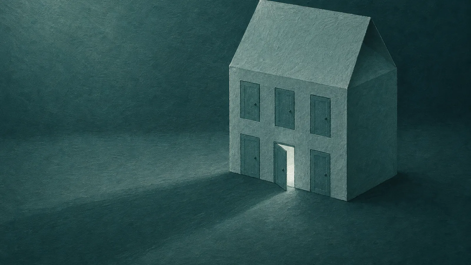 A folded-paper house with several small doors, one ajar and lit softly from within