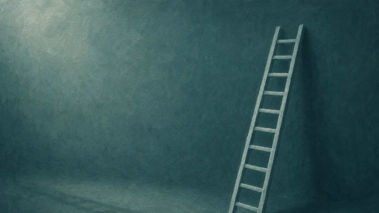 A slender paper ladder leaning into soft shadow on a deep-teal surface