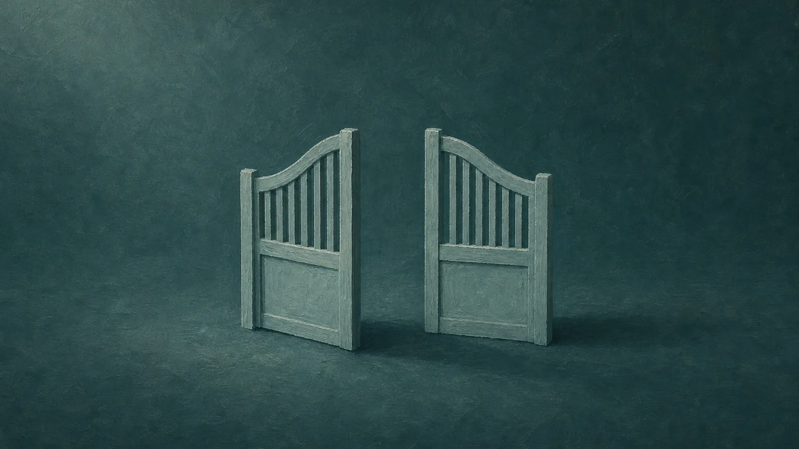 A folded-paper gate standing open beside a closed one on a deep-teal surface
