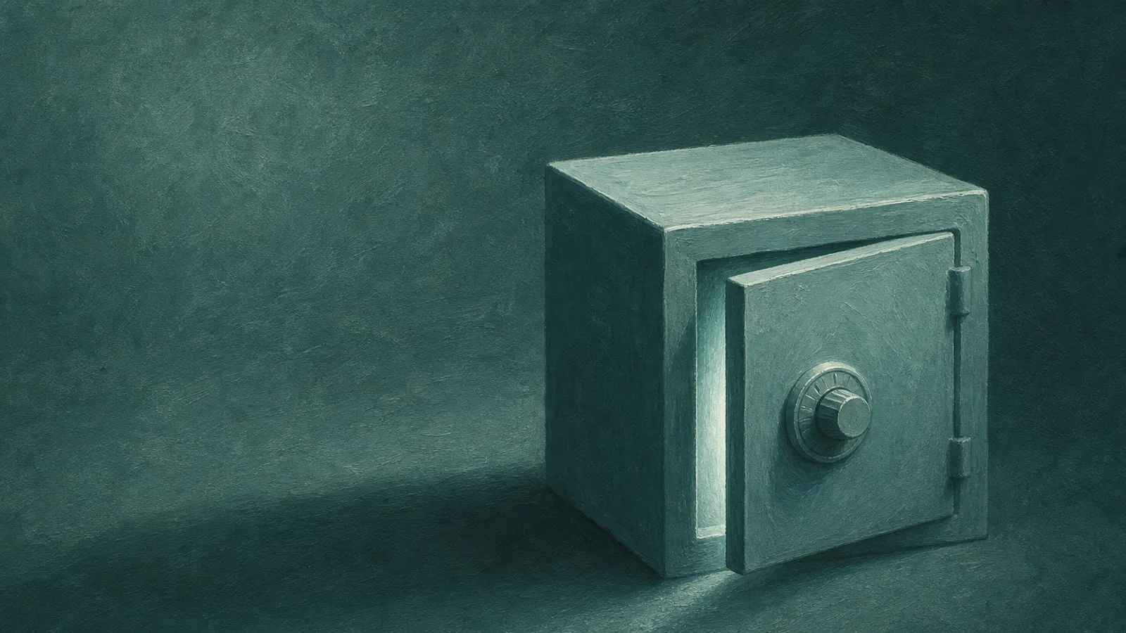 A small paper safe with its door slightly ajar, thin light leaking out, on a deep-teal surface