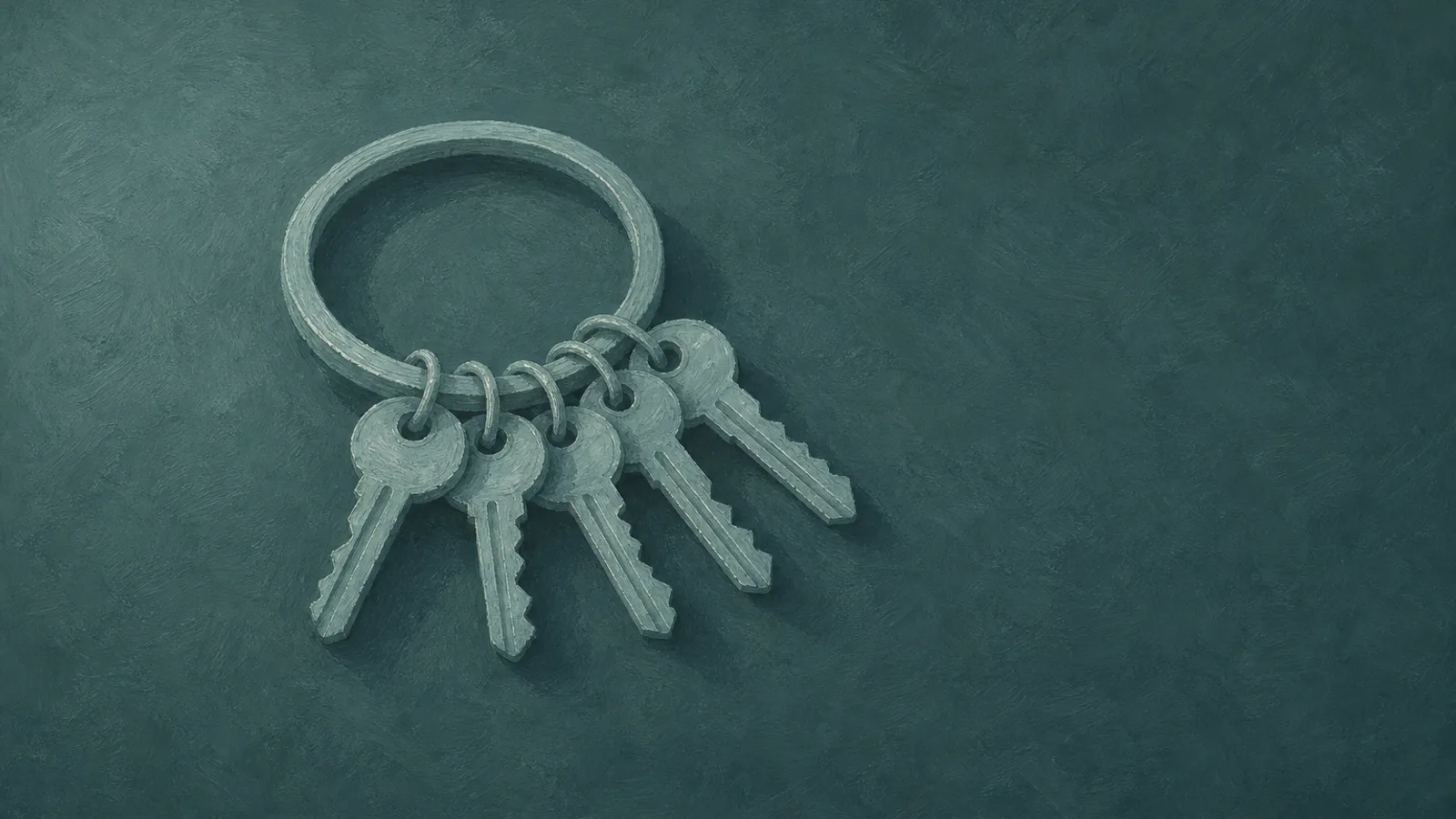 A single keyring holding several small keys, resting on paper