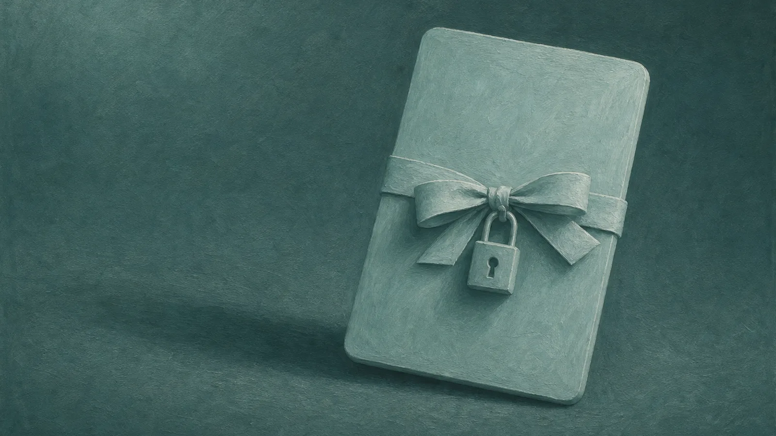 A slim paper slate tied with a ribbon and a small padlock, on deep teal