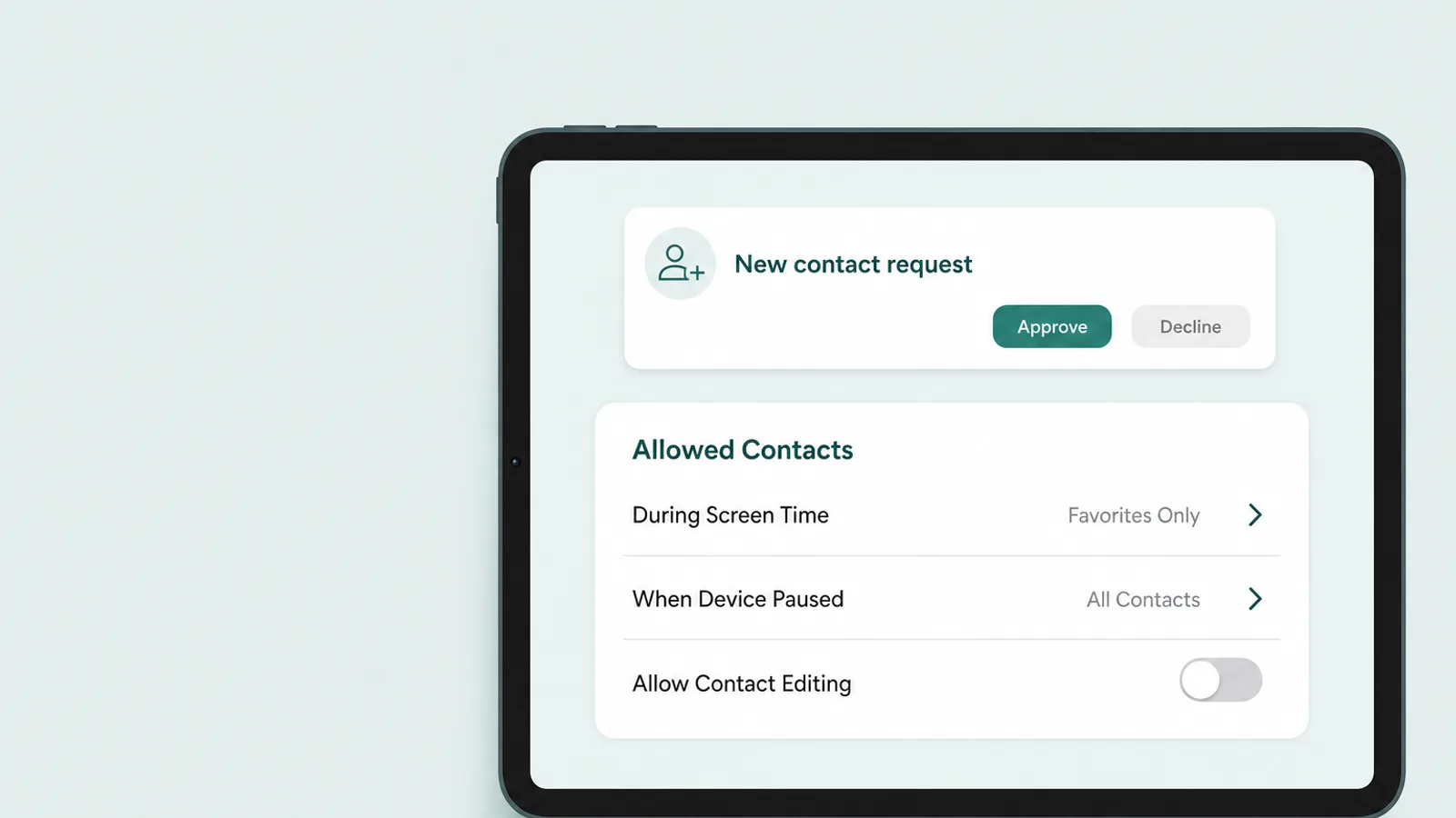 Illustrated mockup of a tablet Allowed Contacts screen with a pending new-contact request