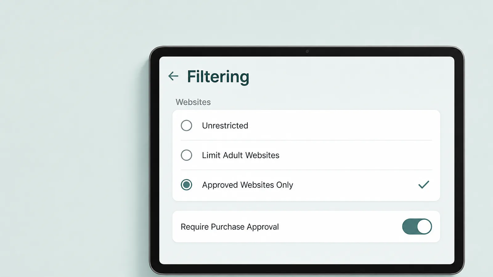 Illustrated mockup of a tablet web filtering screen with Approved Websites Only selected