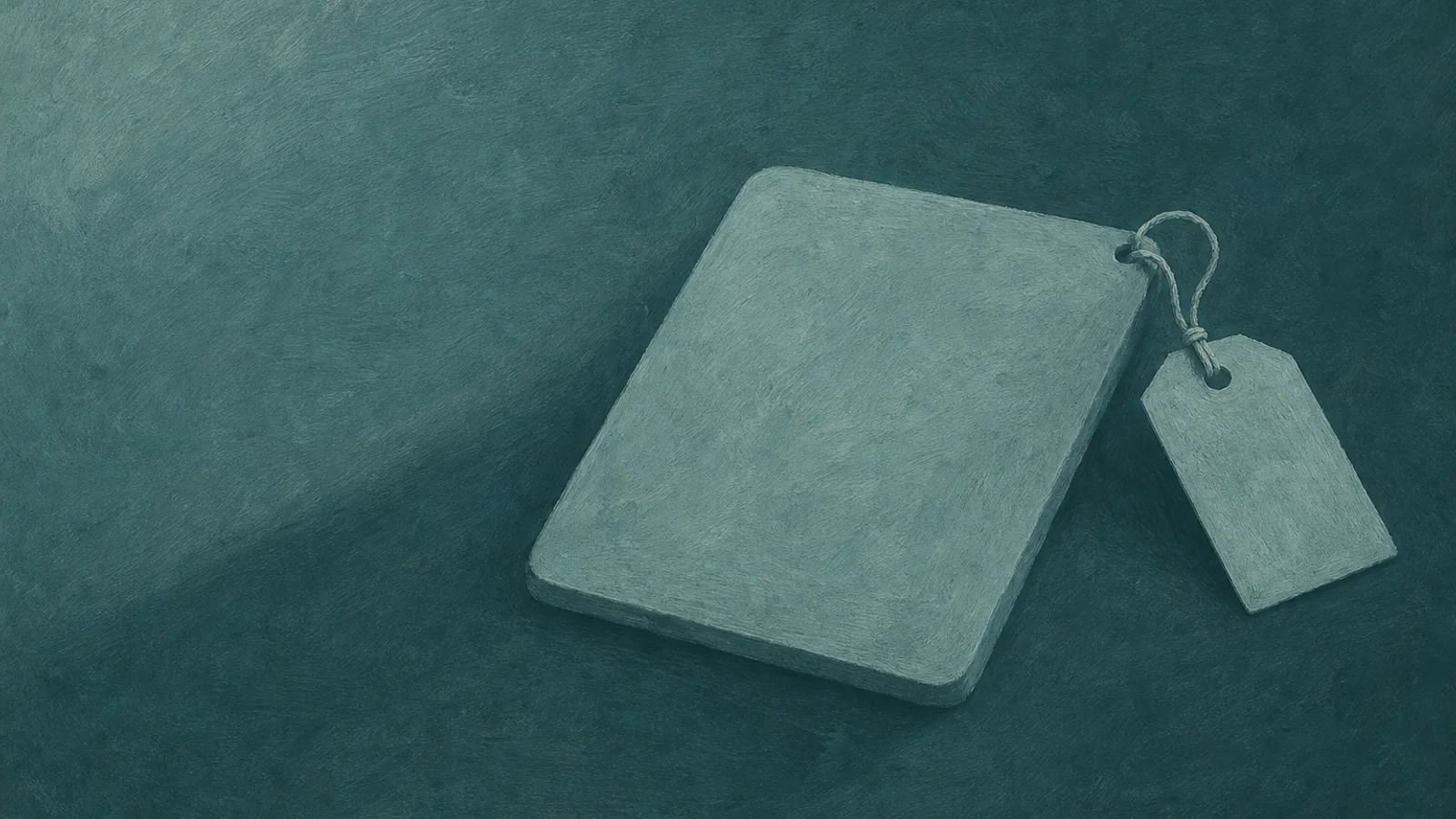 A small paper luggage tag tied to a slim blank paper slate, on a deep-teal surface