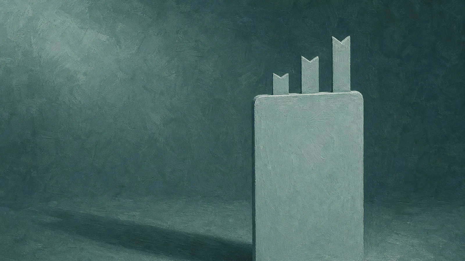 A slim paper slate with three paper bookmarks of different heights tucked into its top