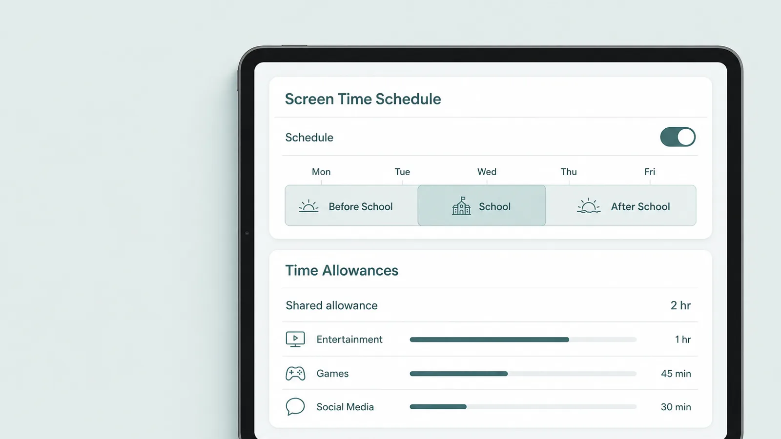 Illustrated mockup of a tablet screen showing a weekday schedule and time allowances by app category