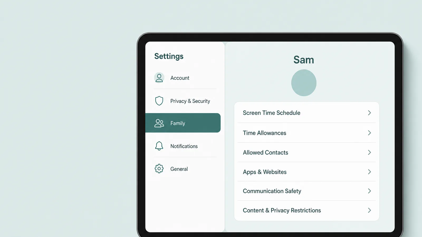 Illustrated mockup of a tablet settings page listing a child's Screen Time controls under Family