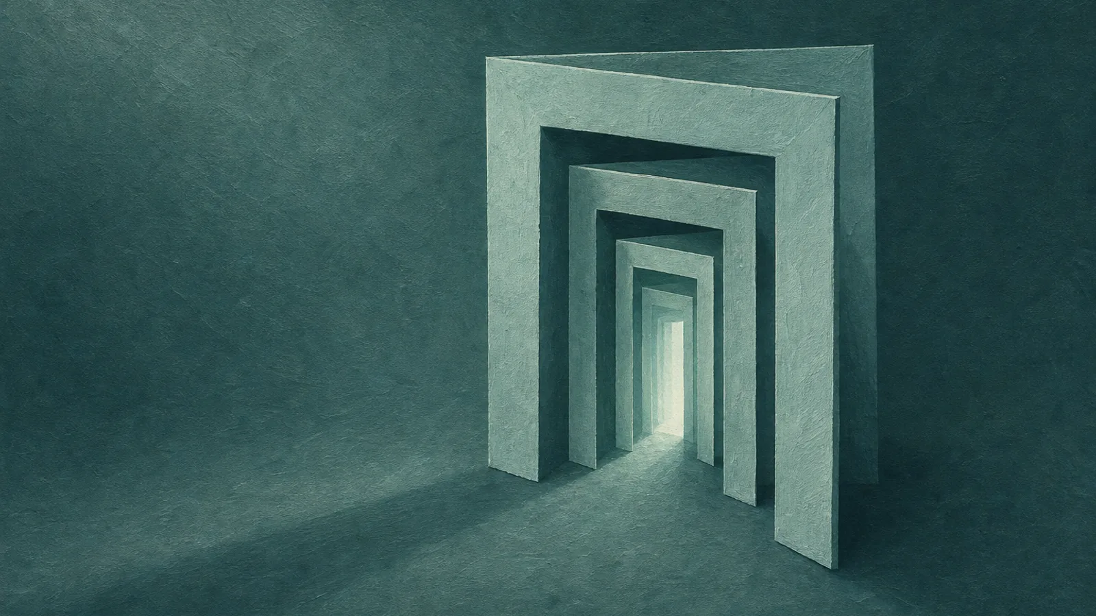 A set of nested folded-paper doors, the outer one ajar and lit softly from within
