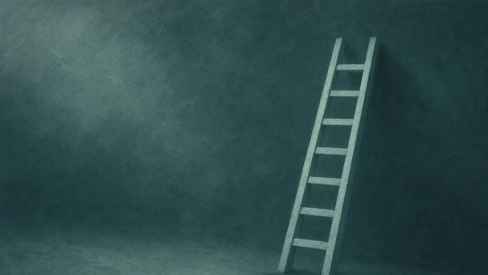 A slender paper ladder leaning into soft shadow on a deep-teal surface