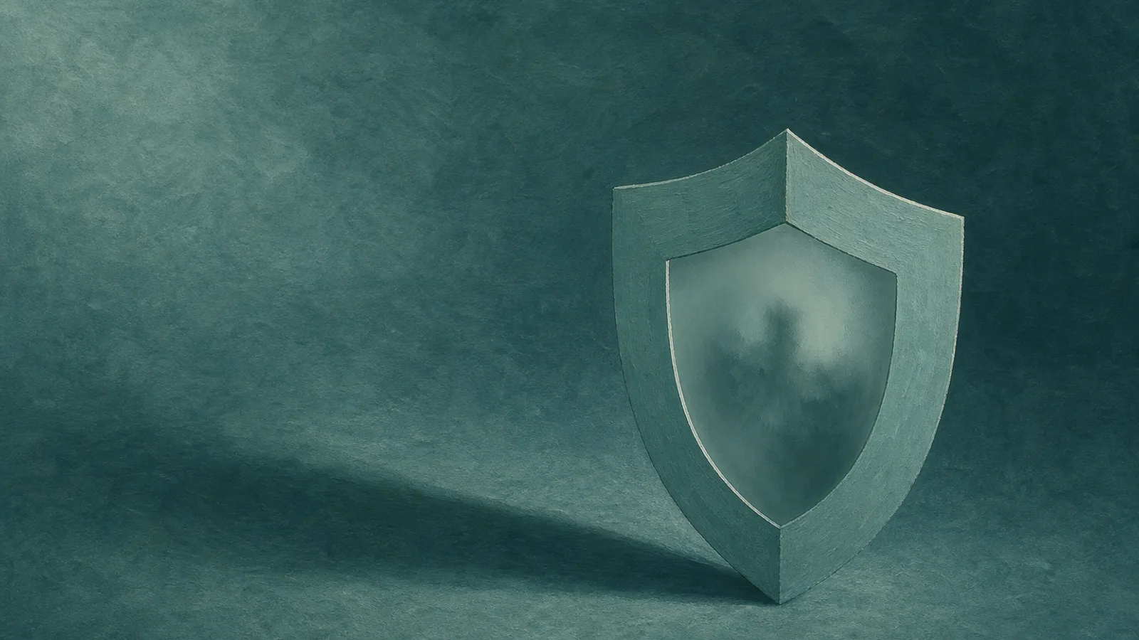 A folded-paper shield with a soft blurred pane at its centre, on a deep-teal surface
