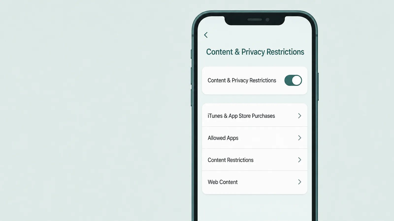 Ecrã «Conteúdo e Privacidade» no iOS com o interruptor ligado e linhas de restrições