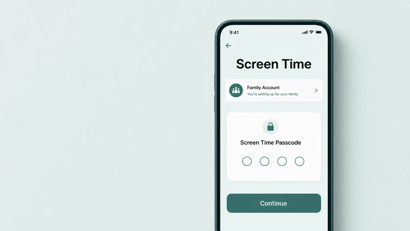 Ecrã de configuração do Tempo de Ecrã no iOS com uma linha Partilha com a Família e um campo de código