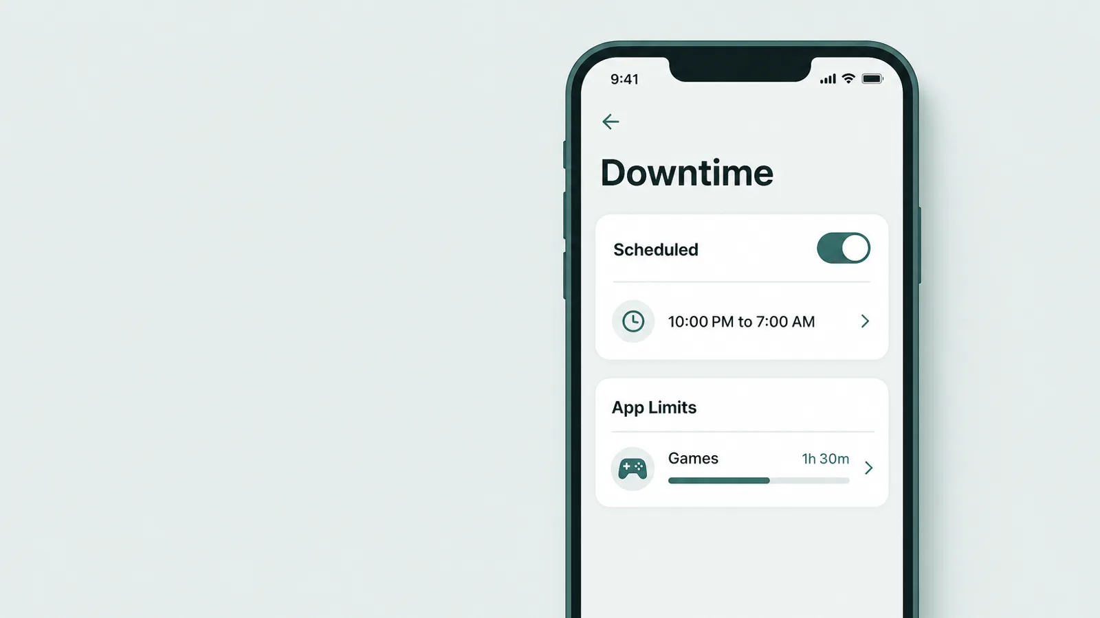 Ecrã de Baixo Tempo de Utilização no iOS com um intervalo de tempo agendado e um cartão de Limites de Apps