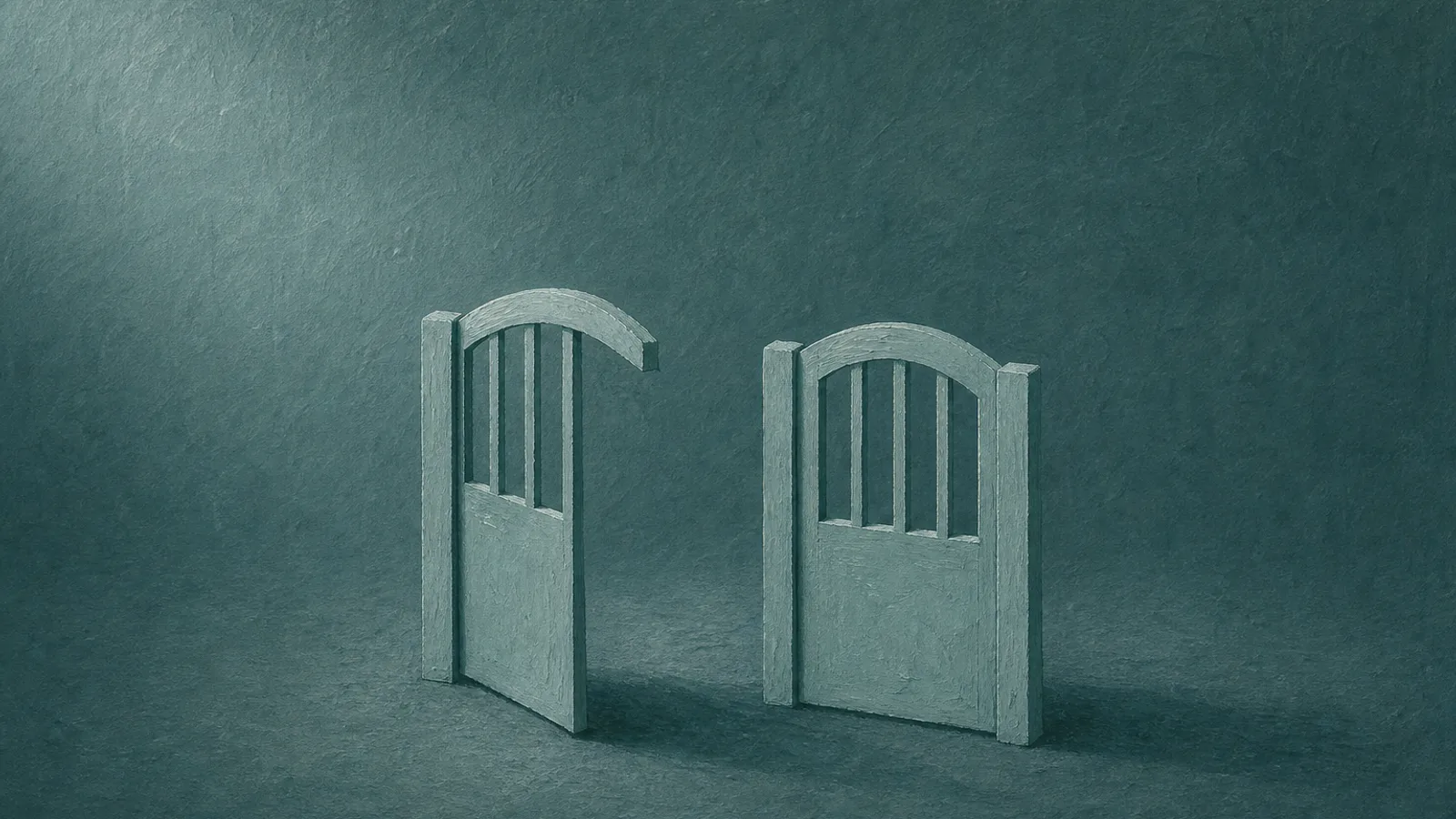 A folded-paper gate standing open beside a closed one on a deep-teal surface