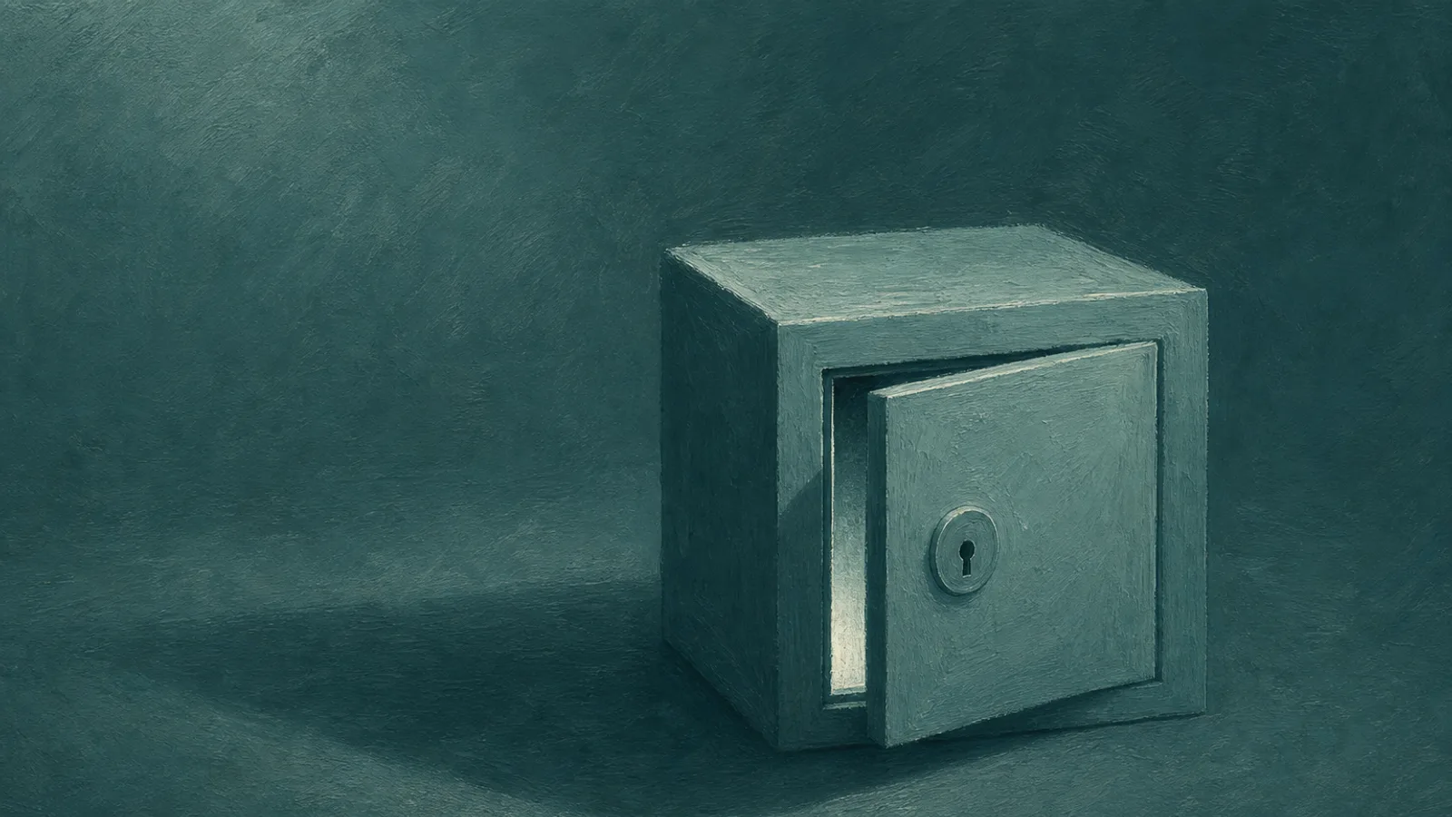 A small paper safe with its door slightly ajar, thin light leaking out, on a deep-teal surface