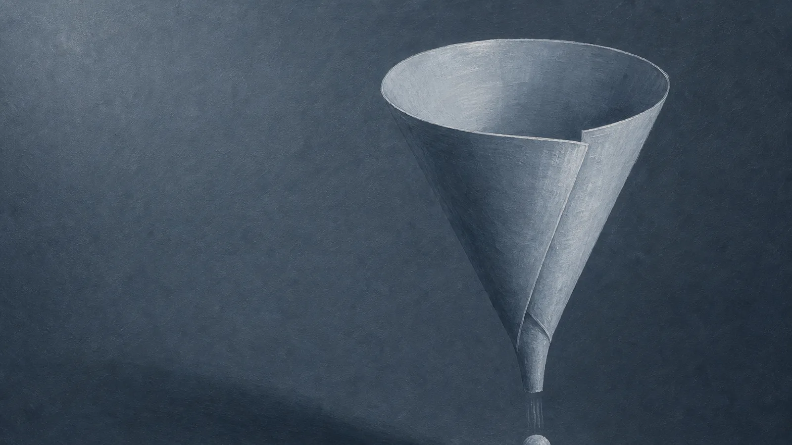 A paper funnel drawing a single object downward on a slate-blue painted backdrop