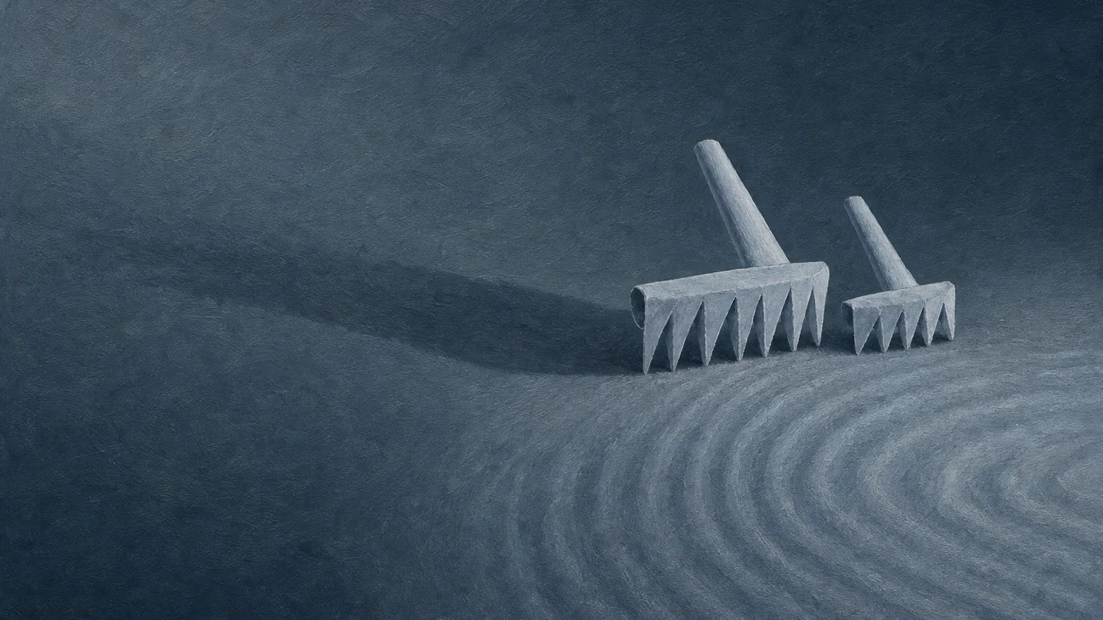 Two small paper rakes resting side by side at the edge of a smooth paper sand garden