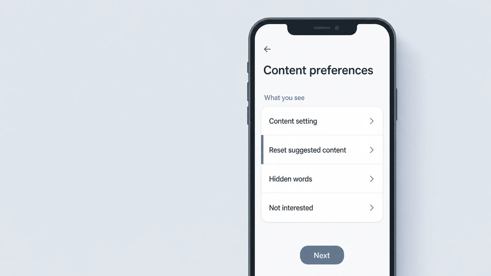Illustrated phone mockup of a content preferences screen with a reset suggested content option