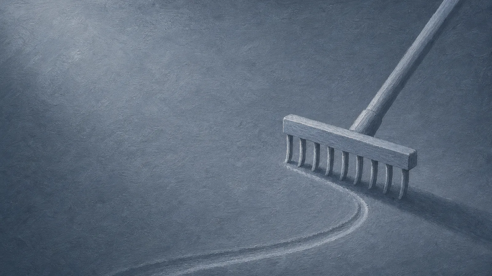 A single paper rake drawing a fresh curving line across a smooth paper sand garden