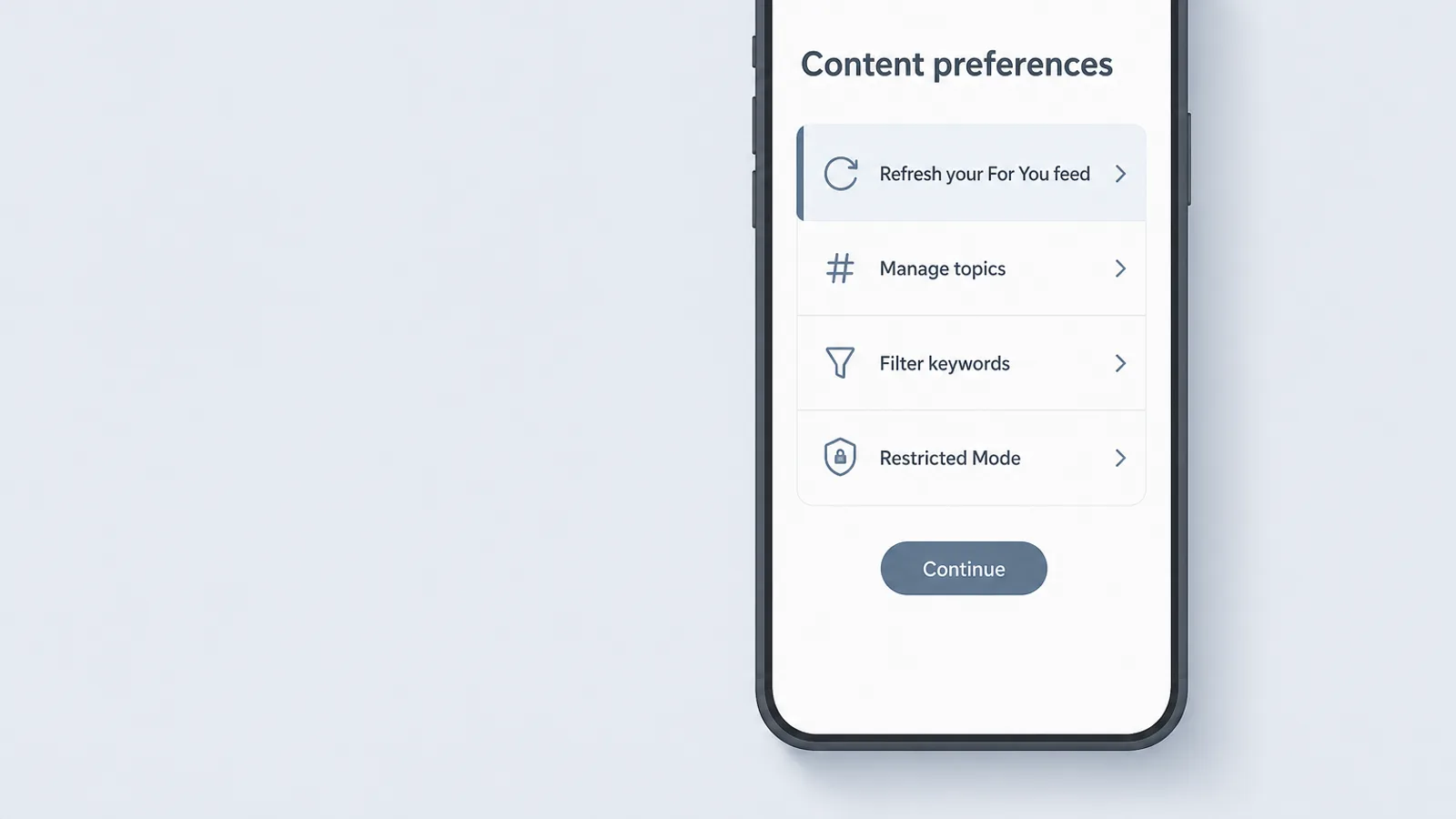 Illustrated phone mockup of a content preferences screen with a refresh feed option