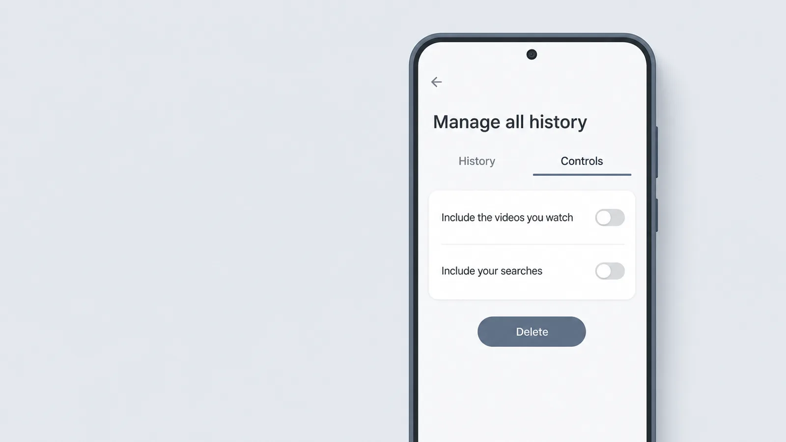 Illustrated phone mockup of a history settings screen with delete and pause controls