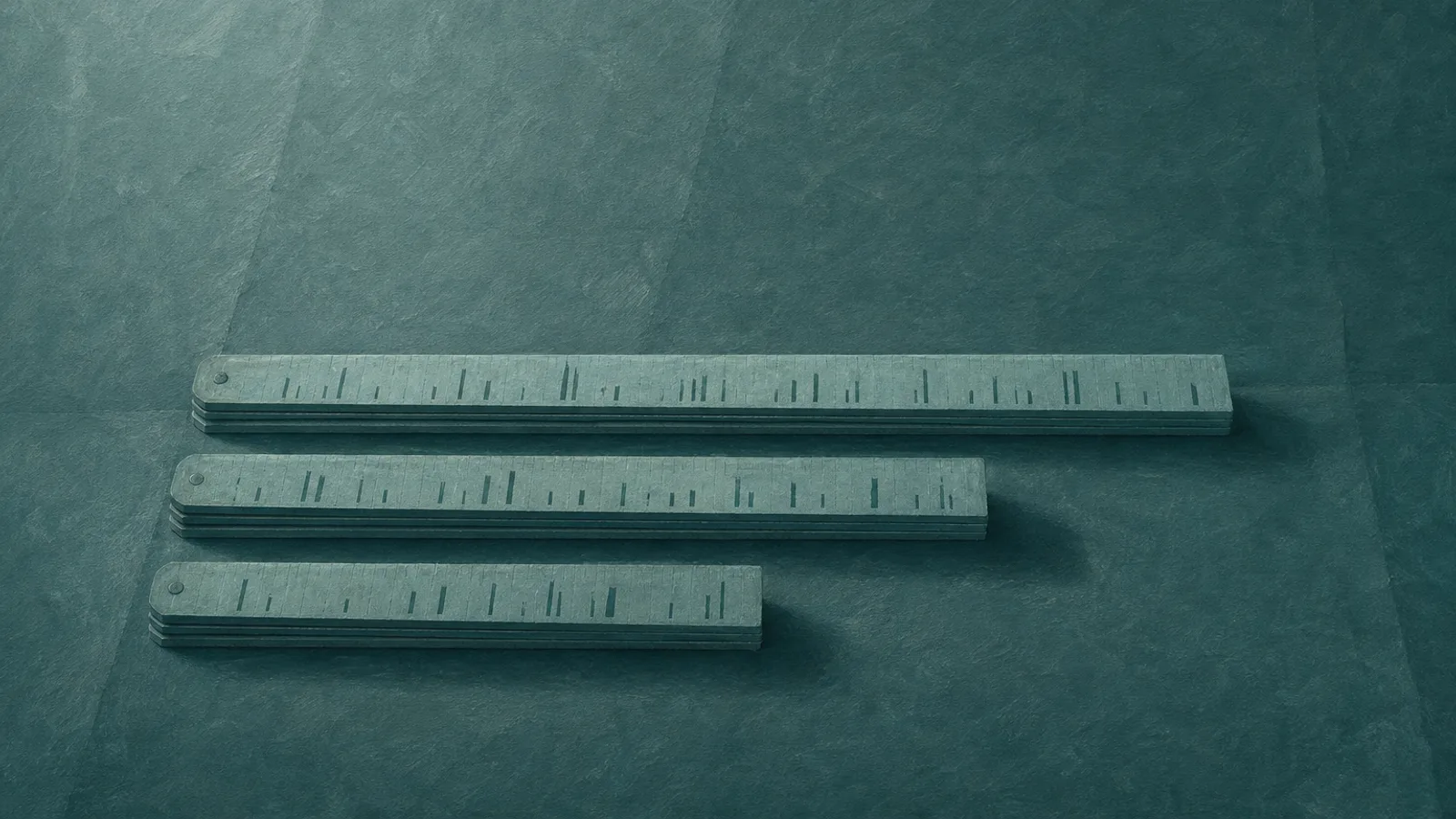 長さの異なる3本の折り紙の定規が、紙の上に並べて置かれている様子