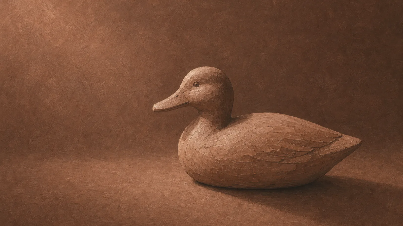 Un'anatra da richiamo intagliata nel legno posata su carta color crema, che proietta un'ombra lunga
