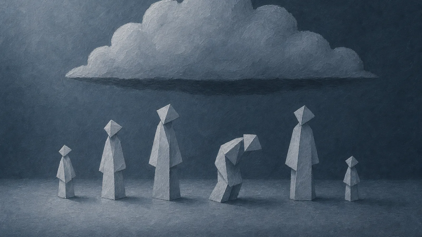 Mehrere kleine Papierfiguren unterschiedlicher Größe, von denen sich eine unter einer einzigen gemeinsamen Wolke beugt