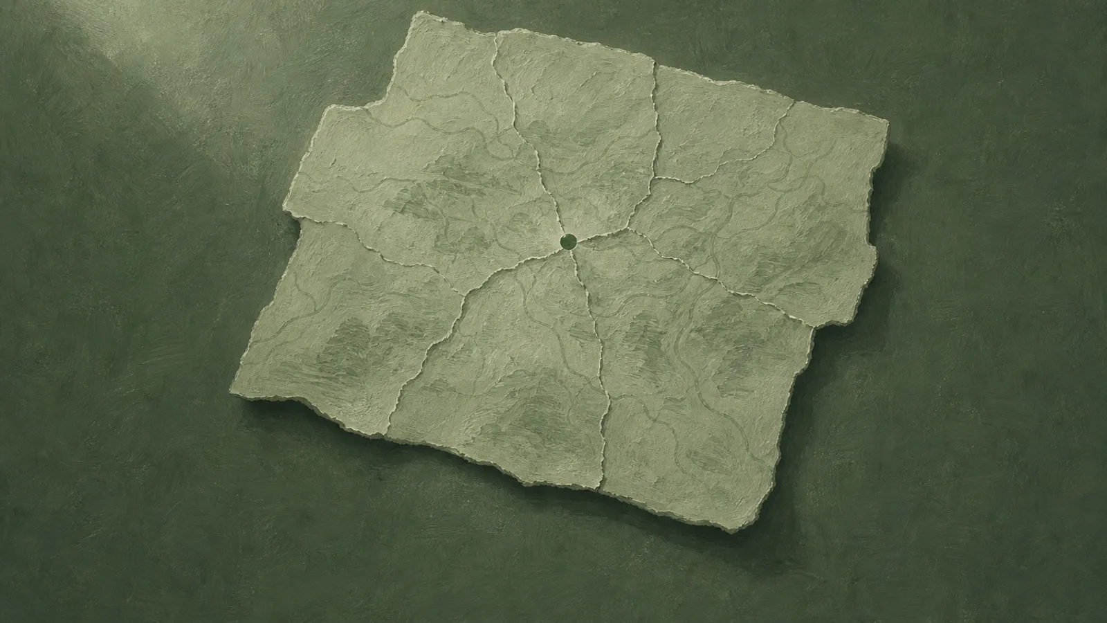 A torn paper map reassembled into one piece, revealing a single marked point