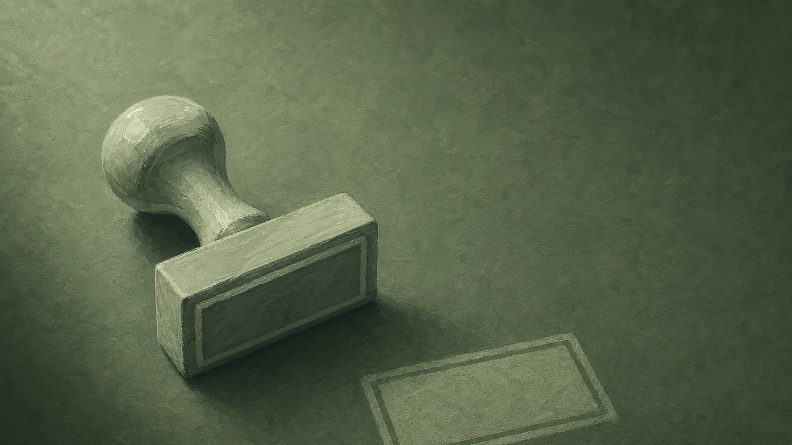 An inked stamp resting on cream paper beside the permanent mark it has left
