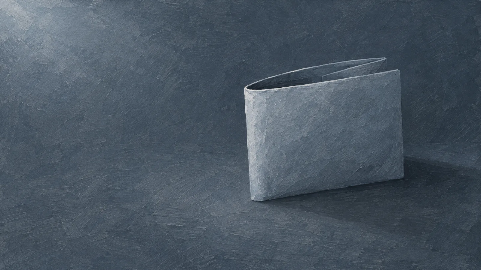 A folded paper wallet with a narrow opening, painted in pale slate blue against deep slate
