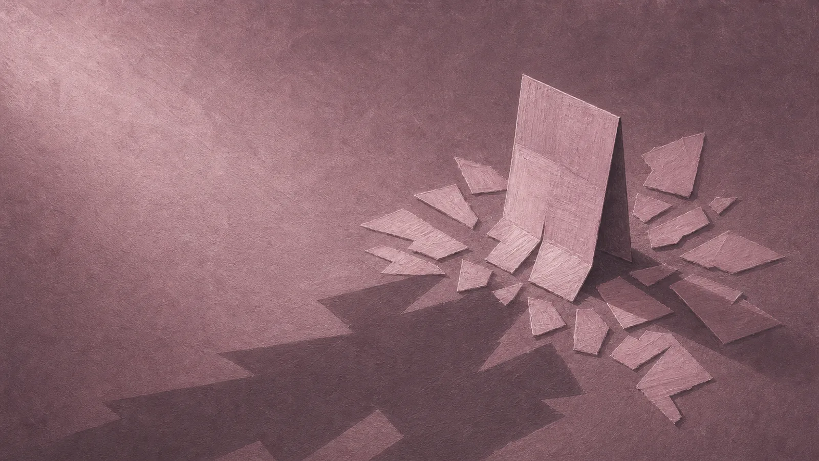 A single folded paper shape splintering into several different smaller forms, all casting one long shadow