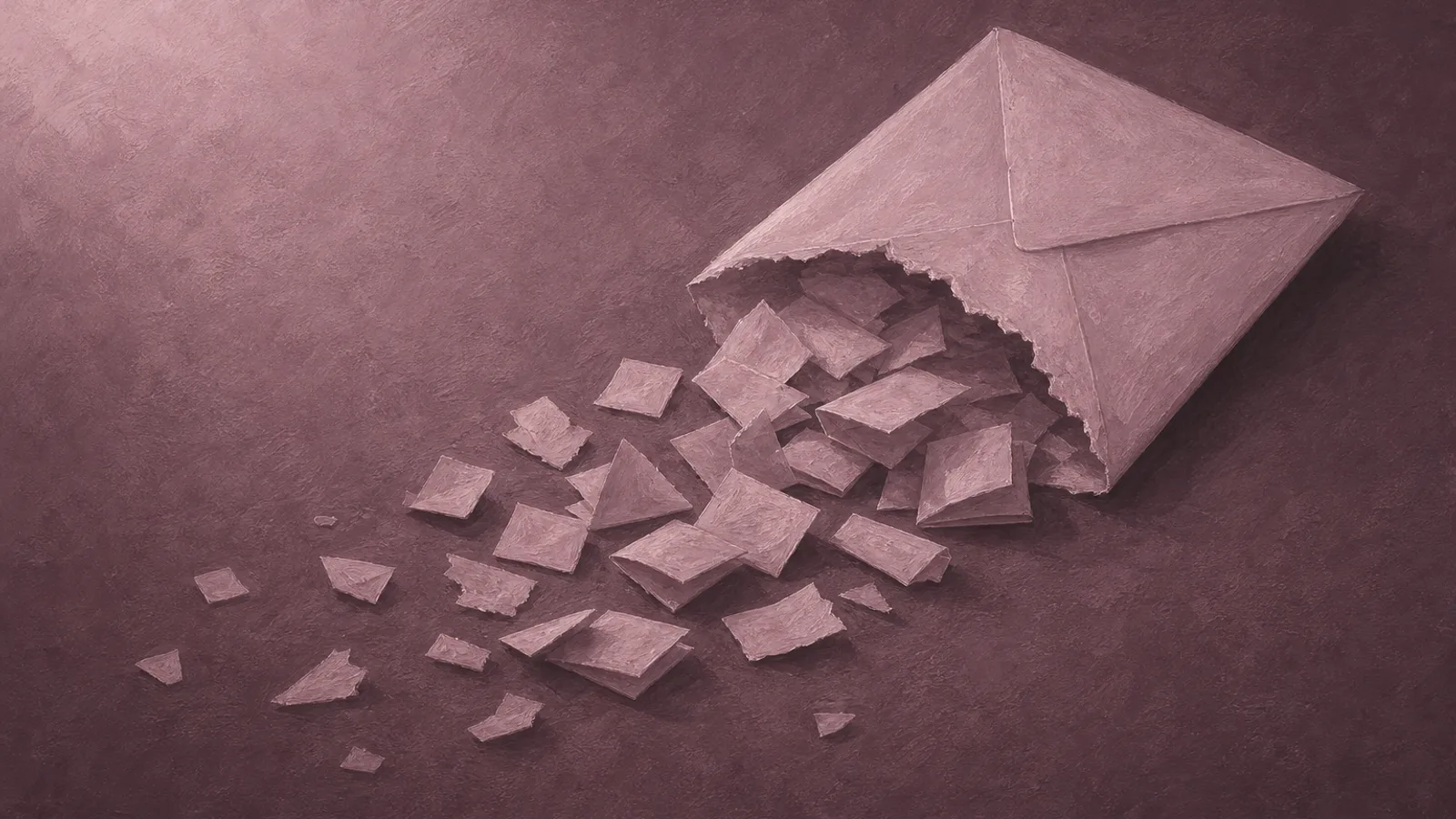 A folded paper envelope torn open with its private paper contents spilling out across the surface