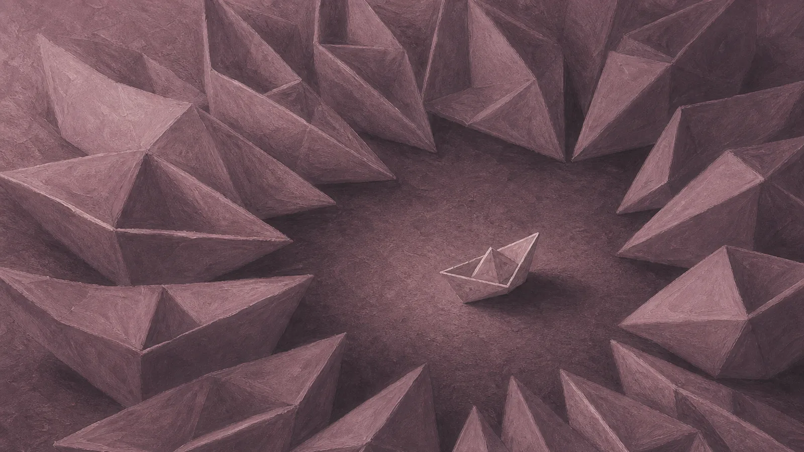 A single small paper boat closed in on by a dense ring of larger paper shapes pressing inward
